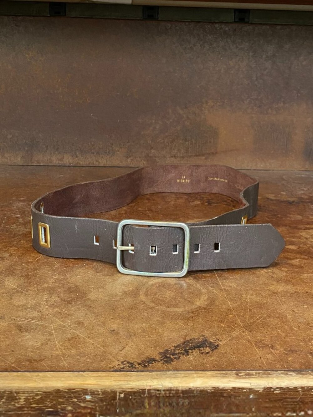 1960s Brown Leather Belt Square Buckle Jim Morrison Boho Western Vintage 34